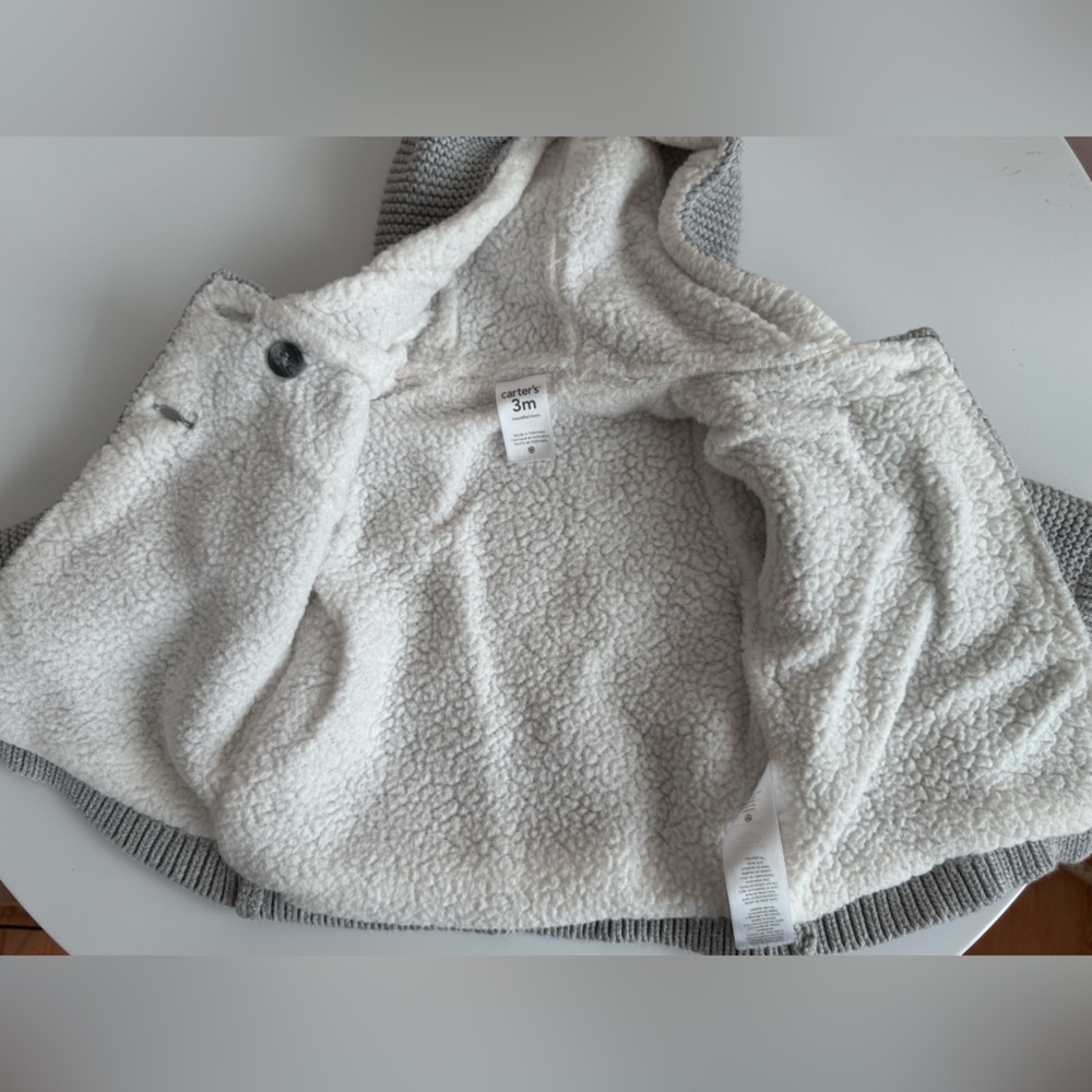 Carter's Gray Sherpa Lined Cotton Long-Sleeve Hooded Jacket with Bear Ears 3mo - Picture 6 of 10
